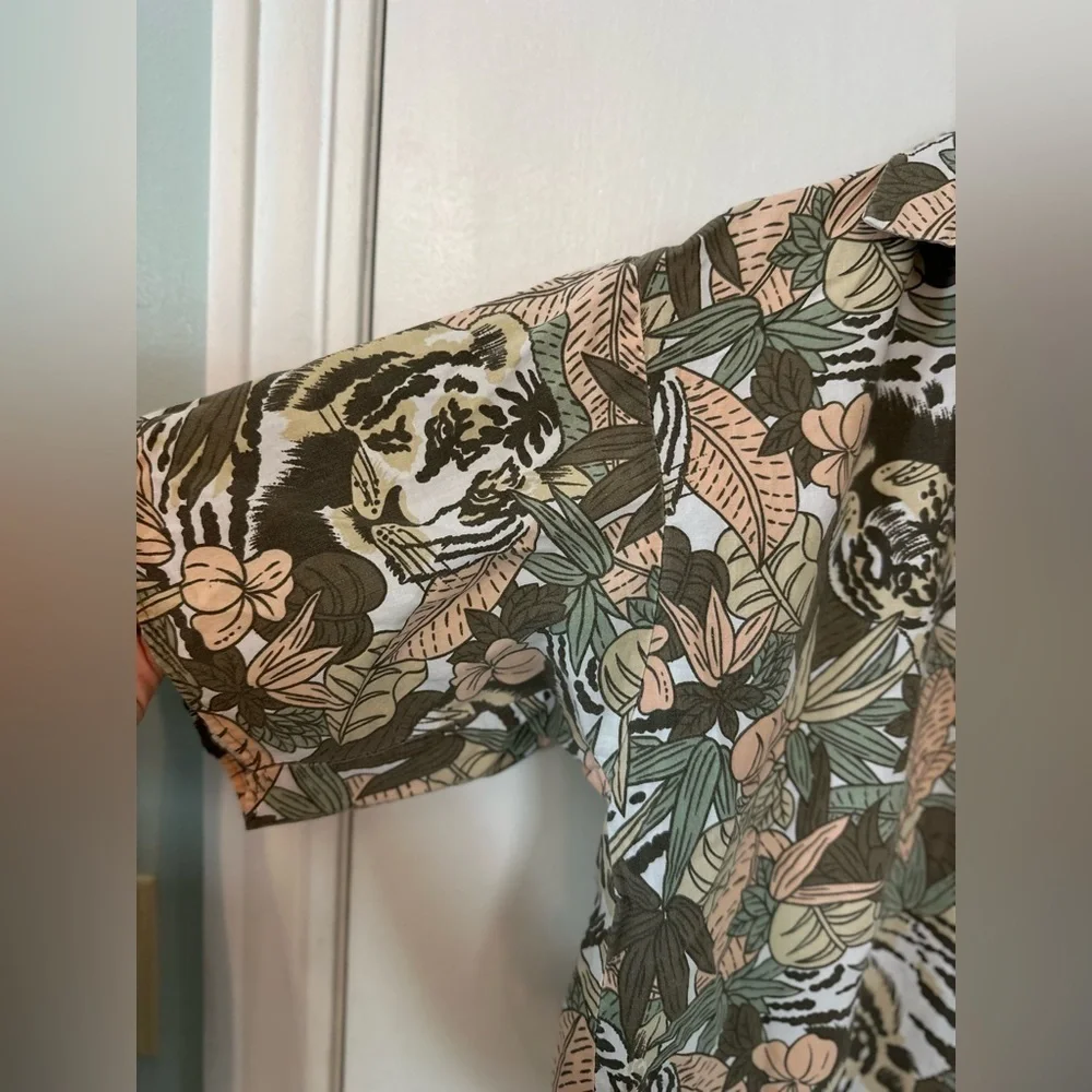 Vtg 80’s Just Cristina Jungle Tiger Print Safari Shirt Crop Button Sz S #1544